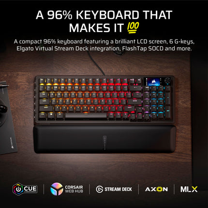 Teclado mecánico para juegos con cable Corsair Vanguard 96 – Distribución del 96 %, interruptores táctiles MLX Fusion, tasa de sondeo de 8000 Hz, pantalla LCD, Virtual Stream Deck, teclas G, Flashtap SOCD, QWERTY EE. UU. – Negro
