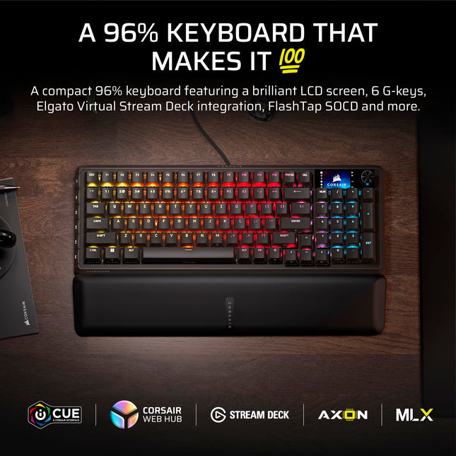 Teclado mecánico para juegos con cable Corsair Vanguard 96 – Distribución del 96 %, interruptores táctiles MLX Fusion, tasa de sondeo de 8000 Hz, pantalla LCD, Virtual Stream Deck, teclas G, Flashtap SOCD, QWERTY EE. UU. – Negro