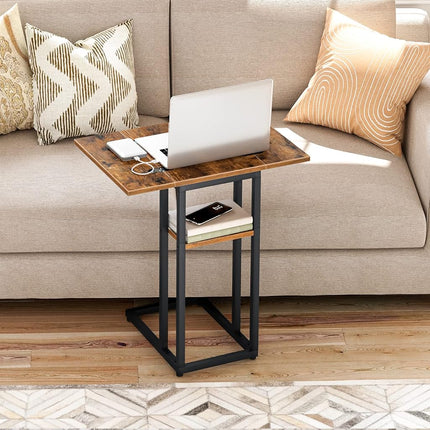 HOOBRO C Shaped Side Table, Foldable Small Table, Snack Table with Storage Shelf, Suitable for Living Room Bedroom Small Spaces, Easy Assembly, Rustic Brown BF29SF01