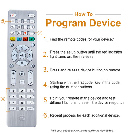 Control remoto universal GE de 4 dispositivos - Botones retroiluminados, reemplazo para Samsung, LG, Vizio, Sony, Roku y Apple TV, plateado, 48844