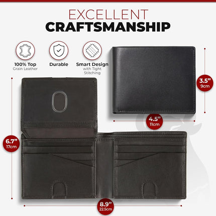 Portefeuille en cuir RFID pour hommes avec porte-carte d'identité escamotable en cuir de buffle vintage marron, SANS logo - Cuir nappa noir lisse, Classique