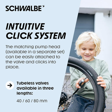 Schwalbe Clik Valve Tubeless Valve Set – 2 x 80 mm Bicycle Valve – Innovation for Easy Tyre Inflation – Tubeless Conversion