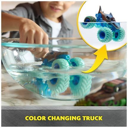 Monster Jam Mud Blasters, pack de 2 camiones que cambian de color de Grave Digger y Megalodon, vehículo de metal fundido a presión a escala 1:64, juguetes para niños y niñas de 3 años en adelante