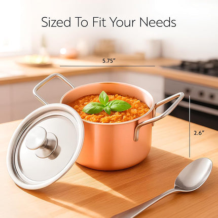Restaurantware - Casserole individuelle avec couvercle de 255 ml, 1 plat à gratin individuel incassable - Poignées intégrées, pour cuire et servir des portions individuelles, Cocotte à soupe en cuivre et acier inoxydable,