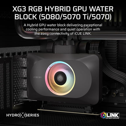 CORSAIR XG3 RGB HYBRID GPU Water Block – Hybrid Custom Cooling – Compatible with 5080, 5070 Ti, & 5070 GPUs – 18 Addressable RGB LEDs – iCUE LINK Connectivity – Built-in Temperature Sensor – Black