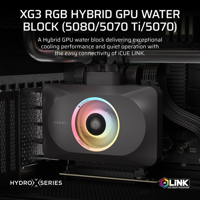 CORSAIR XG3 RGB HYBRID GPU Water Block – Hybrid Custom Cooling – Compatible with 5080, 5070 Ti, & 5070 GPUs – 18 Addressable RGB LEDs – iCUE LINK Connectivity – Built-in Temperature Sensor – Black