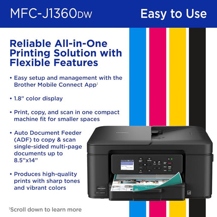 Brother Work Smart 1360 Wireless Color Inkjet All-in-One Printer with Automatic Duplex Printing and 1.8” Color Display | Includes Refresh Subscription Trial(1) (MFC-J1360DW)