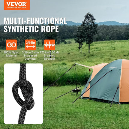 VEVOR Braided Nylon Rope, 3/16 in x 250 ft, 32 Strands, 720 LBS Breaking Strength Outdoor, Arborist Tree Rigging for Rock Hiking Camping ord Swing Rappelling Rescue, Black
