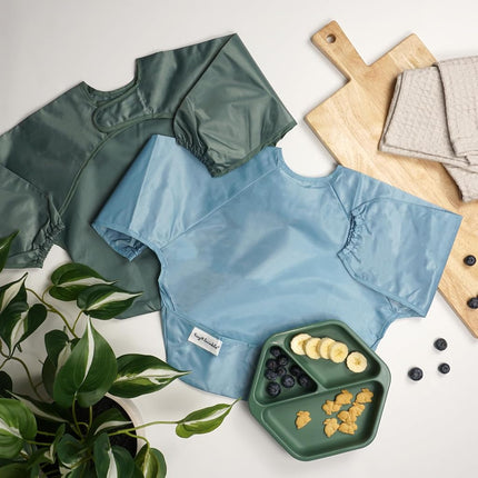 Tiny Twinkle Mess Proof Baby Bib, 2 Pack Full Sleeve Bib Outfit, Waterproof Bibs for Toddlers, Machine Washable, Tug Proof Closure, Baby Smock for Eating, Long Sleeve (Slate Olive, Small 6-24 Months)