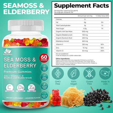 BIO VITALICA Irish Sea Moss Gummies with Elderberry – USA Made Vegan Gummies with Vitamin C, D & Zinc – Immune Support Supplement with Bladderwrack & Burdock Root for Adults & Kids – 2 Packs