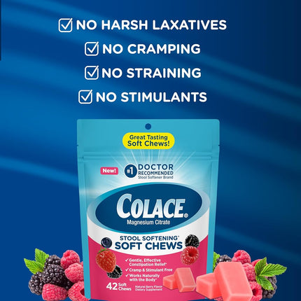 Colace Stool Softener Soft Chews, Gentle Constipation Relief, No.1 Doctor Recommended Stool Softener Brand, 42 Mixed Berry Chews (Pack of 2)