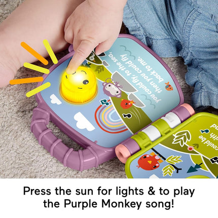 Fisher-Price Baby Toy Purple Monkey Musical Storybook with Lights & Sounds for Infants & Toddlers Ages 6+ Months, JFC75