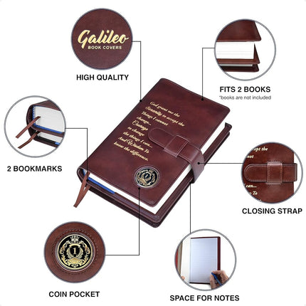 Galileo® Double AA Big Book Cover & 12 Steps & 12 Traditions | AA Gift | Alcoholics Anonymous (Serenity Prayer/Coin Pocket/Brown)