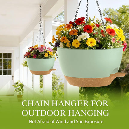 SQKH 12 Inch Hanging Baskets 2 PC with Chains, Self-Watering Hanging Planters for Indoor Outdoor Plants, Plastic Hanging Flower Pots,Green Brown