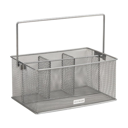 Mind Reader Network Collection, 4-Compartment Utensil or Supply Caddy with Handle, Countertop or Desktop Organizer, Metal Mesh, 10" L x 7" W x 4.75" H, Silver