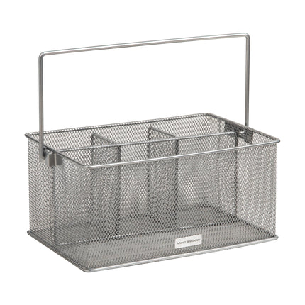 Mind Reader Network Collection, 4-Compartment Utensil or Supply Caddy with Handle, Countertop or Desktop Organizer, Metal Mesh, 10" L x 7" W x 4.75" H, Silver
