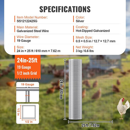 VEVOR Hardware Cloth, 1/2 inch 36in x 50 ft 19 Gauge, Hot Dipped Galvanized Wire Mesh Roll, Chicken Wire Fencing, Wire Mesh for Rabbit Cages, Garden, Small Rodents