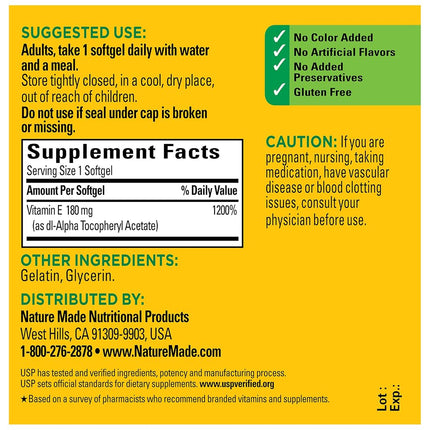 Nature Made Vitamin E 180 mg (400 IU) dl-Alpha Softgels, 100 Count for Antioxidant Support (Packaging May Vary)