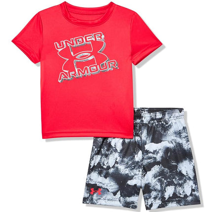 Conjunto de manga y pantalones cortos ligeros y transpirables Under Armour para niños, pantalones cortos estampados Ua Tech SS rojos, 24 meses