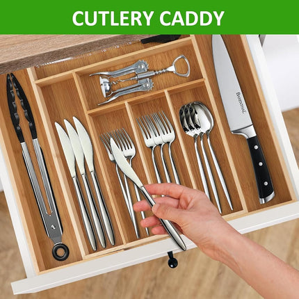 KITCHENTREND Organizador expandible de bambú para cubiertos, organizador de cubiertos ajustable para cajones de cocina, organizador de utensilios para la organización de la cocina (6-8 ranuras)