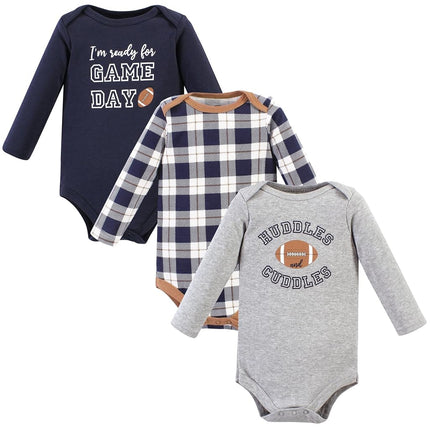 Hudson Baby Unisex Baby Cotton Long-Sleeve Bodysuits, Football Huddles 3-Pack, 6-9 Months, Football Huddles 3-pack, 6-9 Months