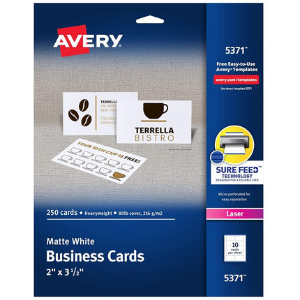 Avery Printable Business Cards with Sure Feed Technology, 2" x 3.5", White, 250 per Pack, 5 Packs, Total of 1,250 Blank Cards for Laser Printers (5371)