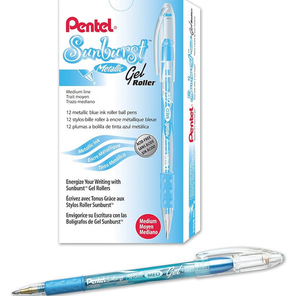 Pentel Sunburst Metallic Gel Pen, 0.8mm Tip Writes 0.4mm Line, Blue/Transparent Barrel Blue Ink, Box of 12 (K908-MC) by Pentel