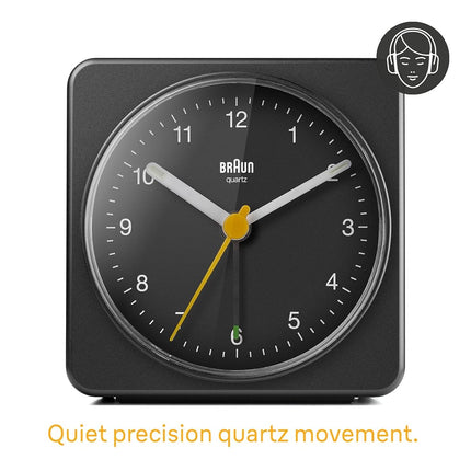 Braun Classic Analogue Alarm Clock with Snooze and Light, Quiet Quartz Sweeping Movement, Crescendo Beep Alarm in Black, model BC03B.