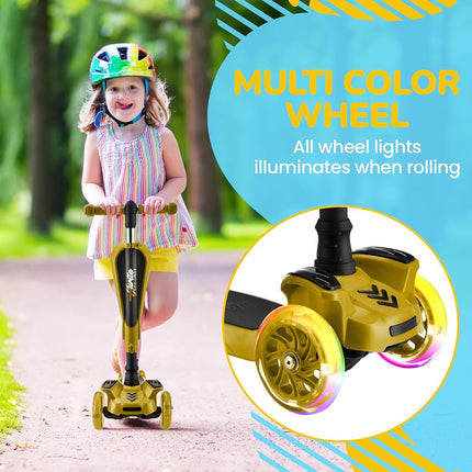 Hurtle 3 Wheeled Scooter for Kids - 2-in-1 Sit/Stand Child Toddlers Toy Kick Scooters w/Flip-Out Seat, Adjustable Height, Flashing Wheel Lights, Great for Indoor/Outdoor Fun, Yellow