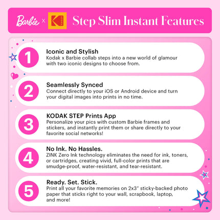 KODAK x Barbie Instant Smartphone Portable Photo Printer, Full Color, Wireless, Zink 2x3” (5.1x7.5 cm) Sticky-Back Photos, Print from iOS & Android Devices with Fun Editing App, Signature Style
