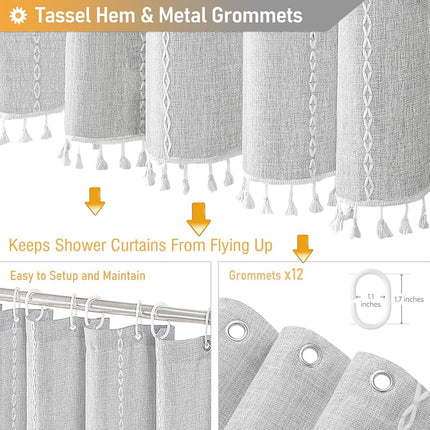 BTTN 72 x 90 Boho Linen Heavy Duty Cloth Shower Curtain Set, Grey/Gray