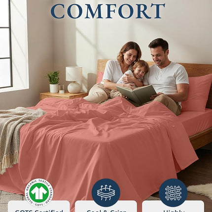 LANE LINEN 100% Organic Cotton Twin Sheet Set, Soft & Comfy Premium Bedding Sheets & Pillowcases, Luxury Hotel Like Percale Sheets, Reinforsed French Seam in Fitted Sheets Pocket - Rose Dawn