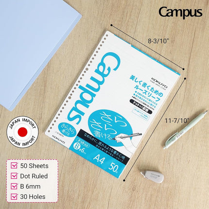 Kokuyo Campus Loose Leaf Paper for Binders, 5 Pack Sarasara Smooth Writing Paper, A4, A 6mm Dotted Line, 41 Lines, 30 Holes, 50 Sheets/Pack, pH Neutral, Bleed Resistant, 75gsm, Japan Import (NO-816BT)