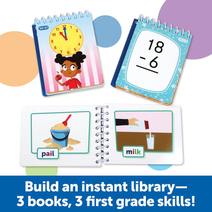 Learning Resources Skill Builders! First Grade Flipbook Library - 3 Pieces, Ages 6+, First Grade Learning Activities, Math and Spelling Activities for Kids, Montessori Activities