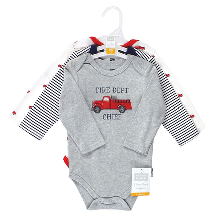 Hudson Baby unisex-baby Cotton Long-sleeve Bodysuits, Gray Fire Truck, 9-12 Months