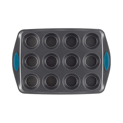Rachael Ray Yum-o! Bandeja antiadherente para hornear de 12 magdalenas con agarres/Bandeja antiadherente para cupcakes con agarres - 12 tazas, Gris