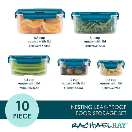 Rachael Ray Leak-Proof Stacking Container Food Storage Bin Set, 10 Piece, Teal Lids
