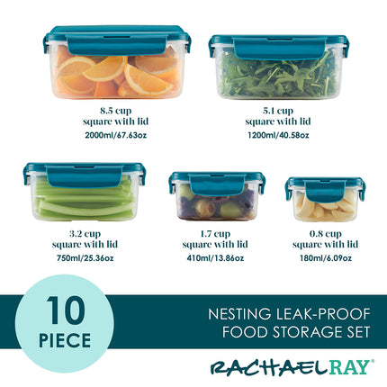 Rachael Ray Leak-Proof Stacking Container Food Storage Bin Set, 10 Piece, Teal Lids