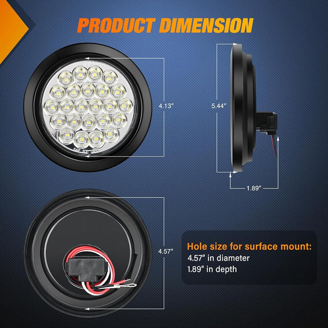 Nilight 4Inch Round Trailer Tail Light 2PCS 24LED White Back Up Reverse Lights w/Flush Mount Grommets Plugs IP67 Waterproof for 12V Truck Bus RV Camper ATV UTV