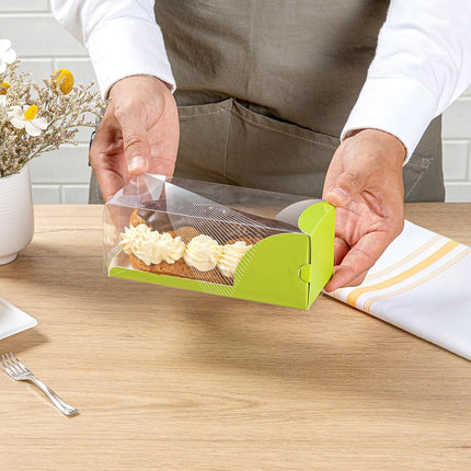 Restaurantware-7 Inch x 2.5 Inch Clear Dessert Boxes, 100 Green Paper Sleeve Transparent Candy Boxes - Geometric Line Accent, No Grease Lining, Clear Plastic Favor Box, Crack Resistant