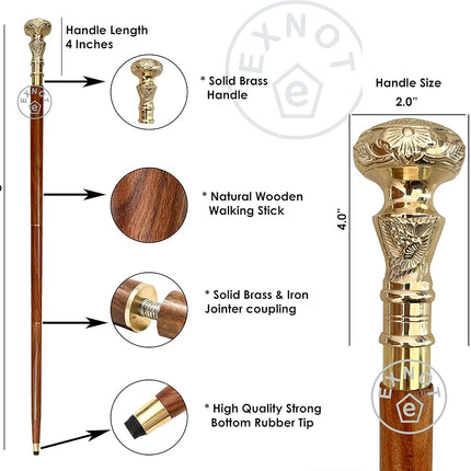 EXNOT Vintage Brass Handle Victorian Telescope Fold able Wooden Walking Stick Walking Cane Ideal Gift