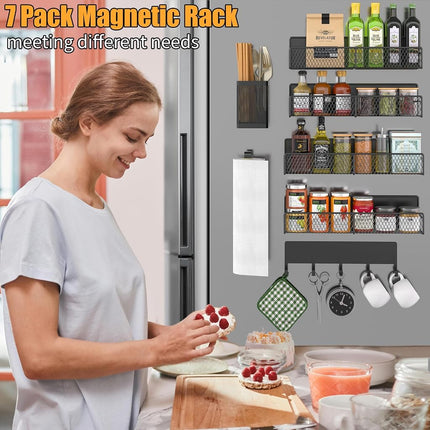 DTUQYX Magnetic Spice Rack for Refrigerator, 7 Pack Black, Moveable Organizer with Hook Rack, Paper Towel Holder, Kitchenware Holder, Strong Magnetic Storage