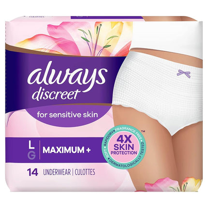 Always, Discreet for Sensitive Skin Underwear, L Maximum Plus, 14 Count