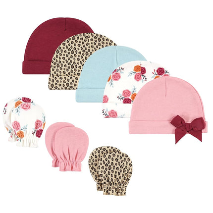 Hudson Baby unisex-baby Cotton Cap and Scratch Mitten Set, Autumn Rose, 0-6 Months