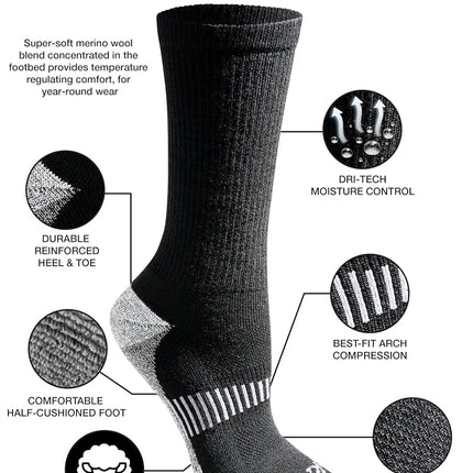 Dickies Women's Dri-tech Fashion Moisture Control Crew Socks, Available in S-XL (5, 6, 12, Wool Blend Black (5 Pairs), M