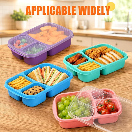 buluker 8 Pack Bento Lunch Box Set 3 Compartment Food Storage Containers Wheat Straw Meal Prep Lunch Box Plastic Food Storage Containers, Microwave and Dishwasher Safe (Vivid Colors)