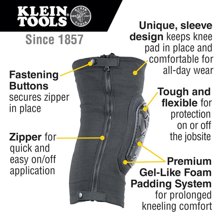 KLEIN TOOLS 60629 Tough-Flex Knee Sleeves for Work, Construction, Low-Profile Sleeve with Zipper, Gel-Like Foam, Black, M/L