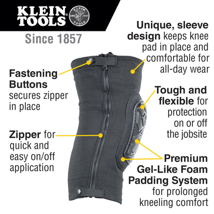 KLEIN TOOLS 60850 Tough-Flex Knee Sleeves for Work, Construction, Low-Profile Sleeve with Zipper, Gel-Like Foam, Black, XL/XXL