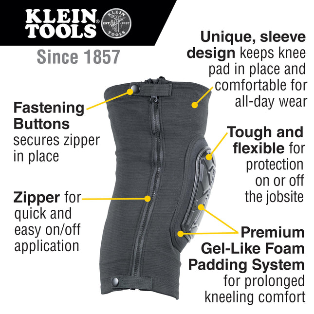KLEIN TOOLS 60629 Tough-Flex Knee Sleeves for Work, Construction, Low-Profile Sleeve with Zipper, Gel-Like Foam, Black, M/L
