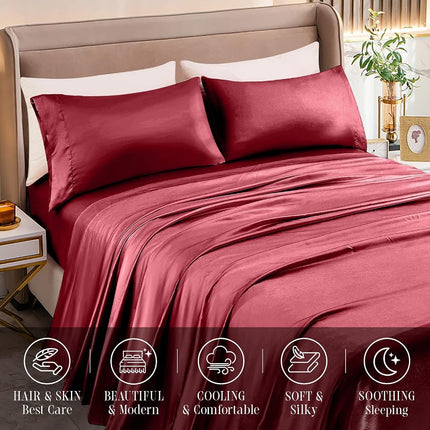 Elegant Comfort Luxurious 4-Piece Silky Satin Sheet Set, Skin and Hair Friendly, Wrinkle, Fade, Stain Resistant with Deep Pockets Fitted Sheet, Cooling Soft Satin Sheet Set, Twin, Burgundy